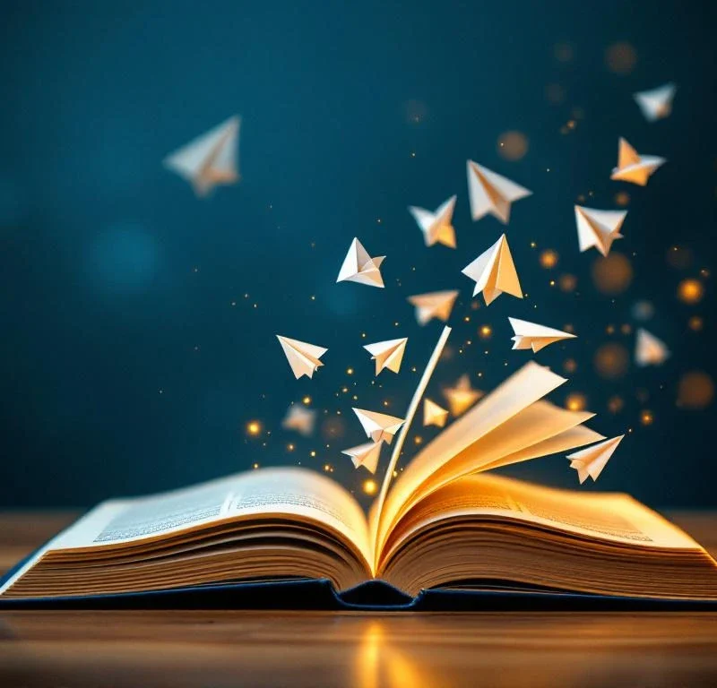 Avoinna oleva kirja pöydällä, jonka sivut muuttuvat lentäviksi paperilentokoneiksi sinistä taustaa vasten