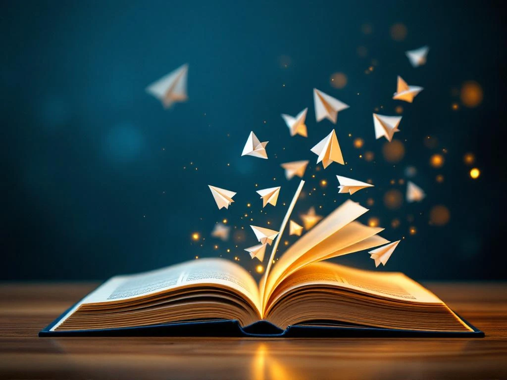 Avoinna oleva kirja pöydällä, jonka sivut muuttuvat lentäviksi paperilentokoneiksi sinistä taustaa vasten