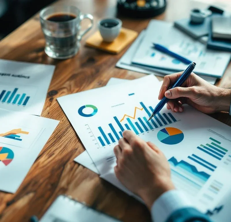 Ammattilaiset analysoivat kohdeyleisötutkimusta pöydän ääressä demografisia kaavioita ja kuluttajaprofiileja käsissään