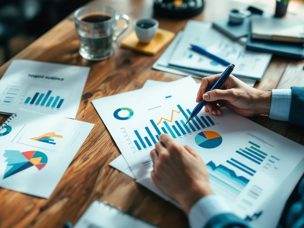 Ammattilaiset analysoivat kohdeyleisötutkimusta pöydän ääressä demografisia kaavioita ja kuluttajaprofiileja käsissään