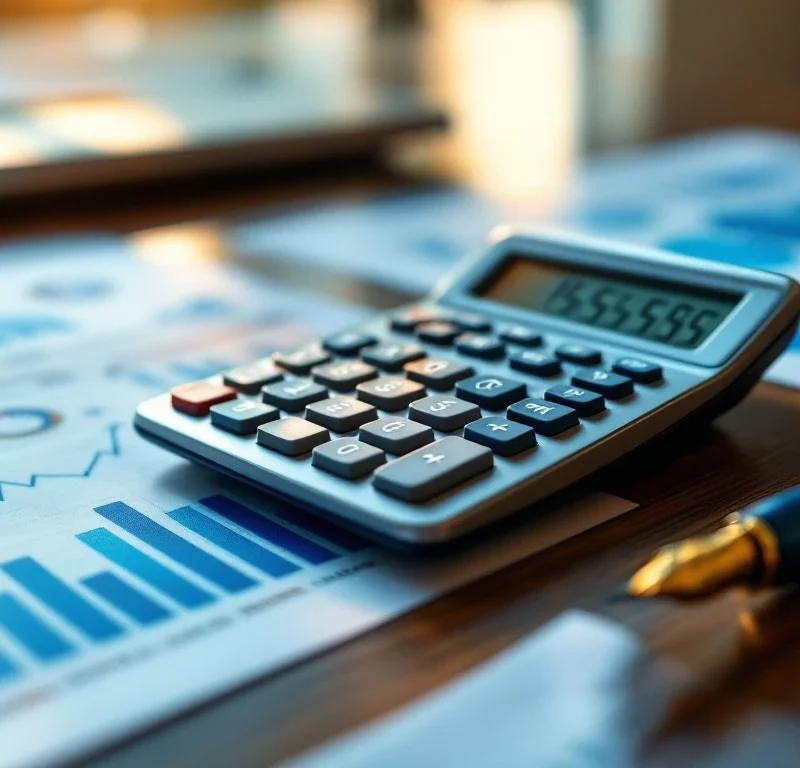 Moderni laskin näyttää taloudellisia lukuja mahonkipöydällä, sinisiä kaavioita ja kynä vieressä kultaisessa valossa