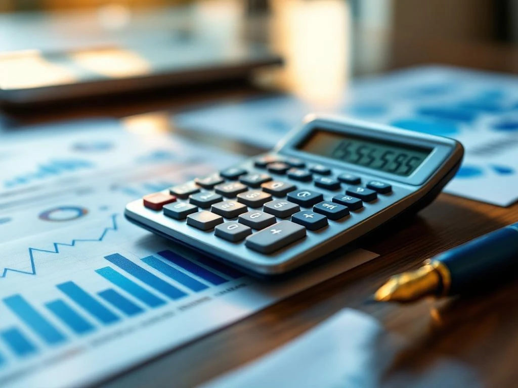Moderni laskin näyttää taloudellisia lukuja mahonkipöydällä, sinisiä kaavioita ja kynä vieressä kultaisessa valossa