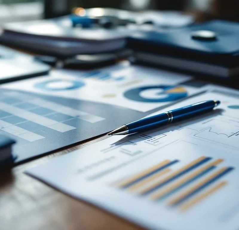 Ammattimainen työpöytä markkinointimateriaalein, kohdeyleisökaavioita ja karttoja, sinisiä kansioita ja kynä