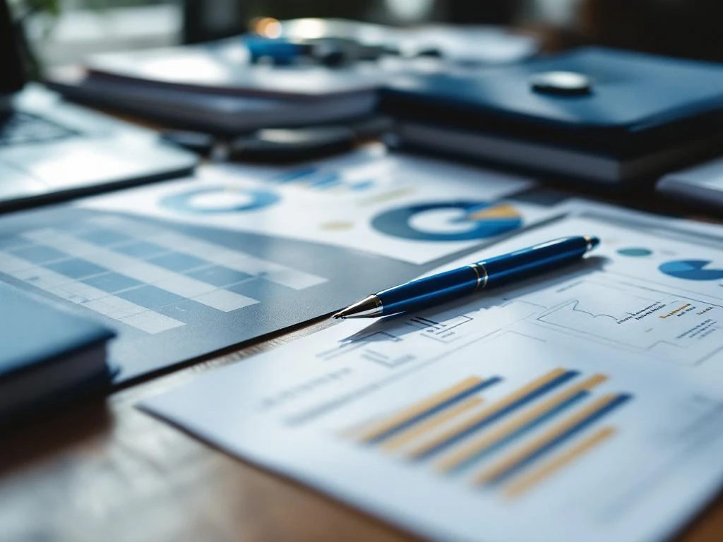 Ammattimainen työpöytä markkinointimateriaalein, kohdeyleisökaavioita ja karttoja, sinisiä kansioita ja kynä