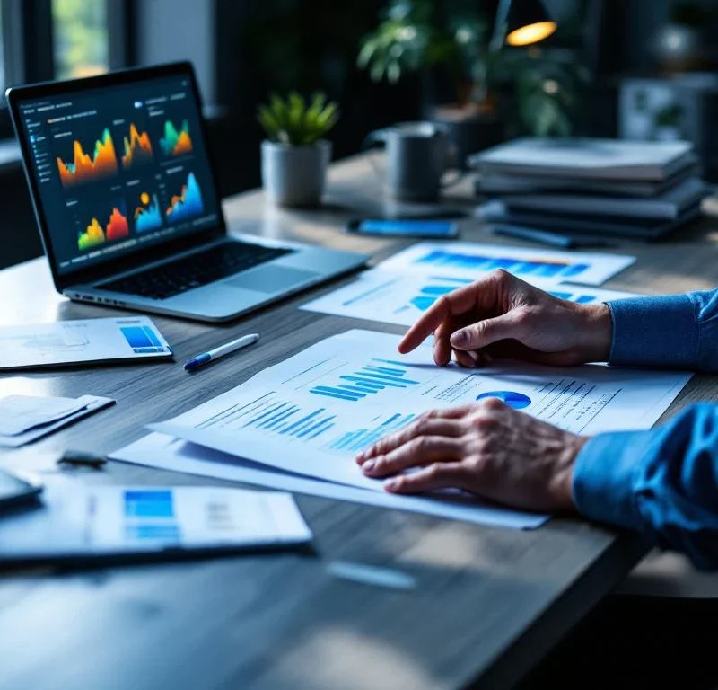Liikemies esittelee markkinointianalytiikkaa toimistopöydällä, kädet osoittamassa kaavioita ja kampanja-asiakirjoja
