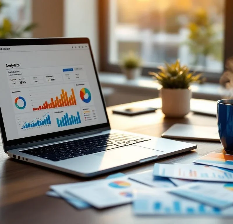 Kannettava tietokone näyttää värikkäitä analytiikkakaavioita työpöydällä, jossa on markkinointimateriaaleja ja kahvikuppi