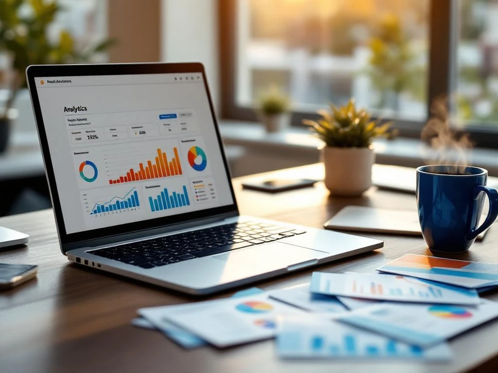 Kannettava tietokone näyttää värikkäitä analytiikkakaavioita työpöydällä, jossa on markkinointimateriaaleja ja kahvikuppi