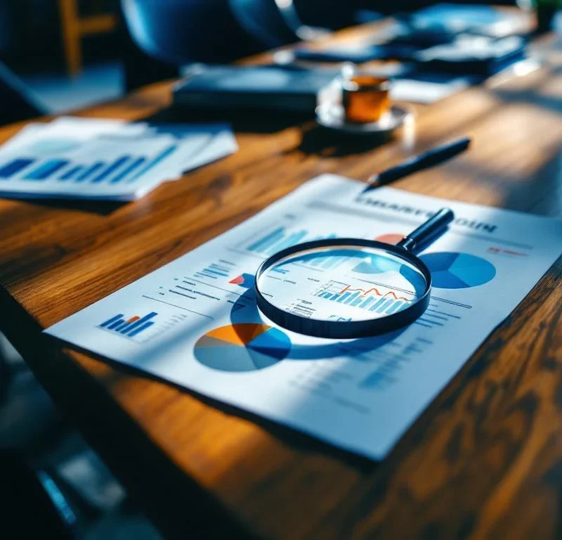 Suurennuslasi kohdistettuna asiakasprofiileihin markkinointiasiakirjojen ja demografisten kaavioiden keskellä neuvottelupöydällä