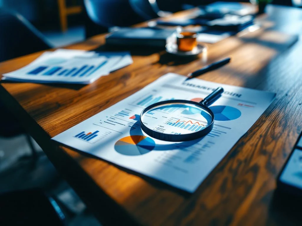 Suurennuslasi kohdistettuna asiakasprofiileihin markkinointiasiakirjojen ja demografisten kaavioiden keskellä neuvottelupöydällä