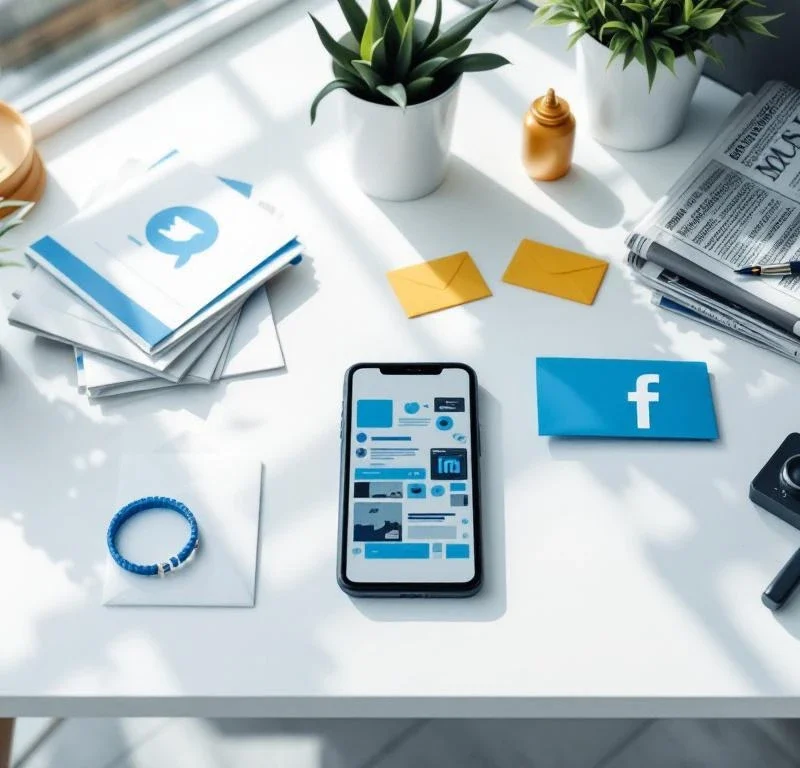 Moderni työpöytä älypuhelimella, sanomalehdillä, radiolla ja suoramarkkinointikirjeillä sinisillä korostuksilla