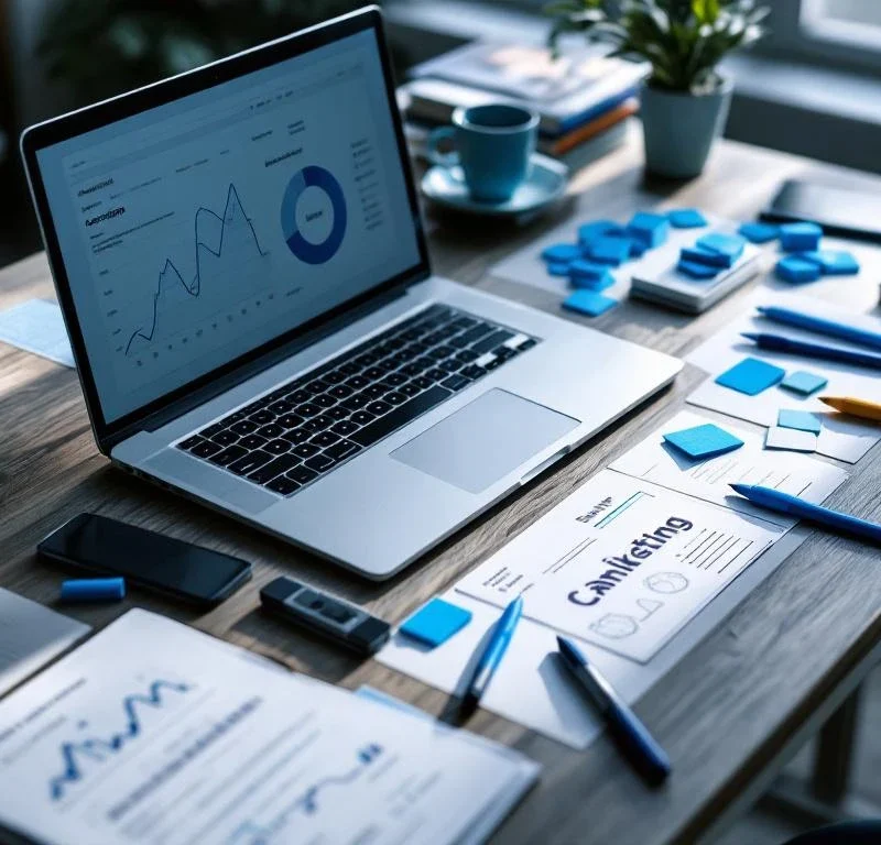 Moderni työpöytä kannettavalla tietokoneella, jossa näkyy markkinointianalytiikkaa, sinisiä muistiinpanoja ja markkereitä
