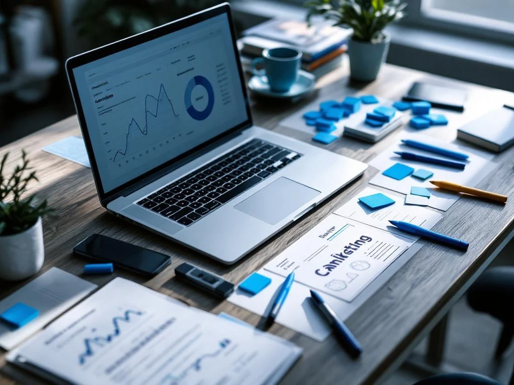 Moderni työpöytä kannettavalla tietokoneella, jossa näkyy markkinointianalytiikkaa, sinisiä muistiinpanoja ja markkereitä