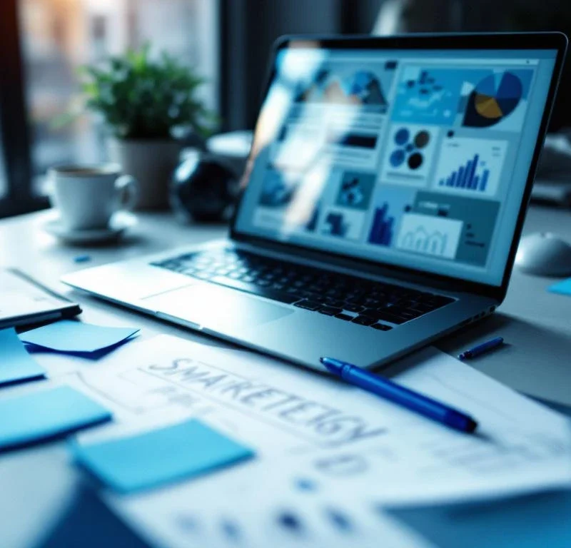 Moderni työpöytä kannettavalla tietokoneella, jossa näkyy markkinointigrafiikkaa, sinisiä muistiinpanoja ja kampanjasuunnitelmia