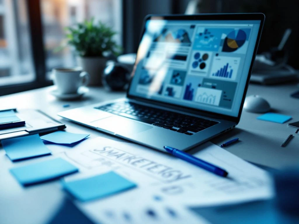 Moderni työpöytä kannettavalla tietokoneella, jossa näkyy markkinointigrafiikkaa, sinisiä muistiinpanoja ja kampanjasuunnitelmia