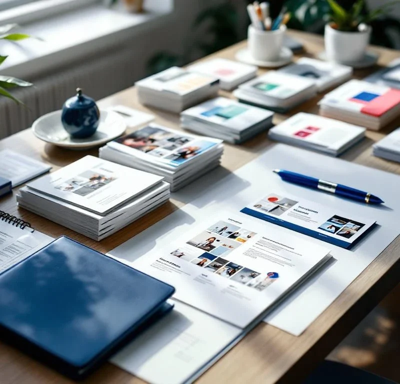 Järjestetty liiketoimintapöytä markkinointimateriaalein, sininen portfolio-kansio avoinna kampanja-asetteluineen