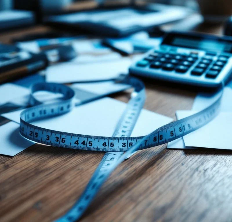 Mittanauha ja laskin pöydällä suoramainontien kirjeiden päällä, syvän sininen valaistus luo ammattimaisia varjoja