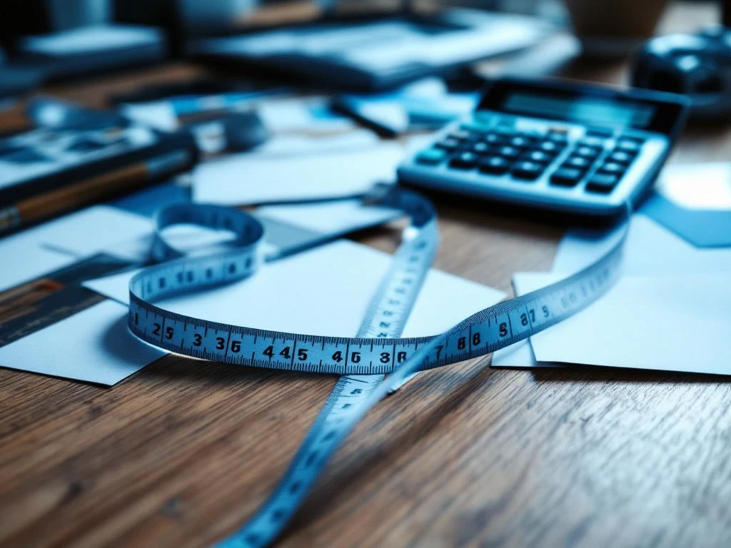 Mittanauha ja laskin pöydällä suoramainontien kirjeiden päällä, syvän sininen valaistus luo ammattimaisia varjoja