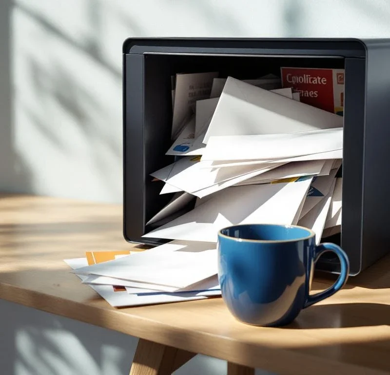 Moderni postilaatikko täynnä kirjeitä ja mainoksia, sininen kahvimuki vieressä, kirjekuoria lattian kiiltävällä puupinnalla