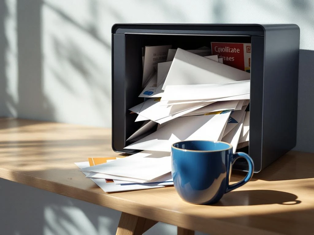 Moderni postilaatikko täynnä kirjeitä ja mainoksia, sininen kahvimuki vieressä, kirjekuoria lattian kiiltävällä puupinnalla