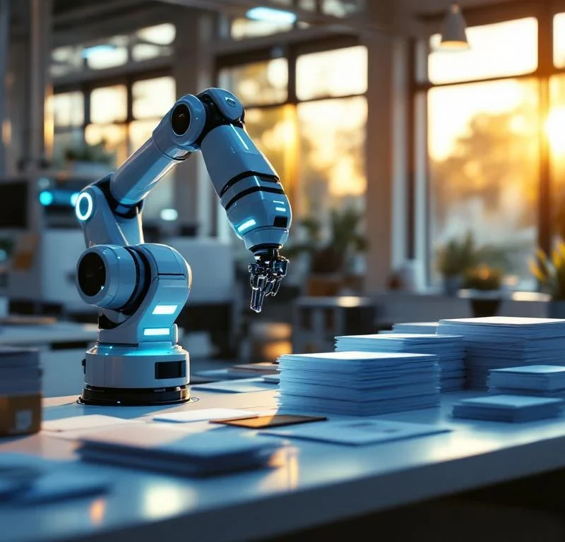 Robottikäsi järjestelee suoramarkkinointikirjeitä pinottain modernissa toimistossa, sinistä LED-valaistusta