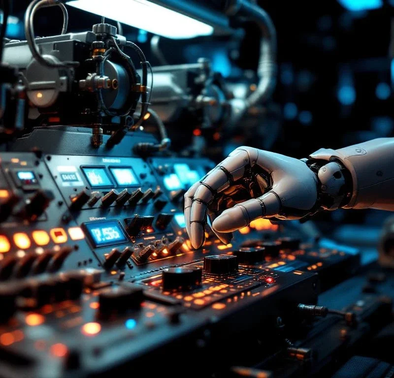 Robotivarsi säätää tarkasti vintage-mainosten säätöpyöriä ja vipuja ohjauspaneelissa, sininen valaistus korostaa metallipintoja