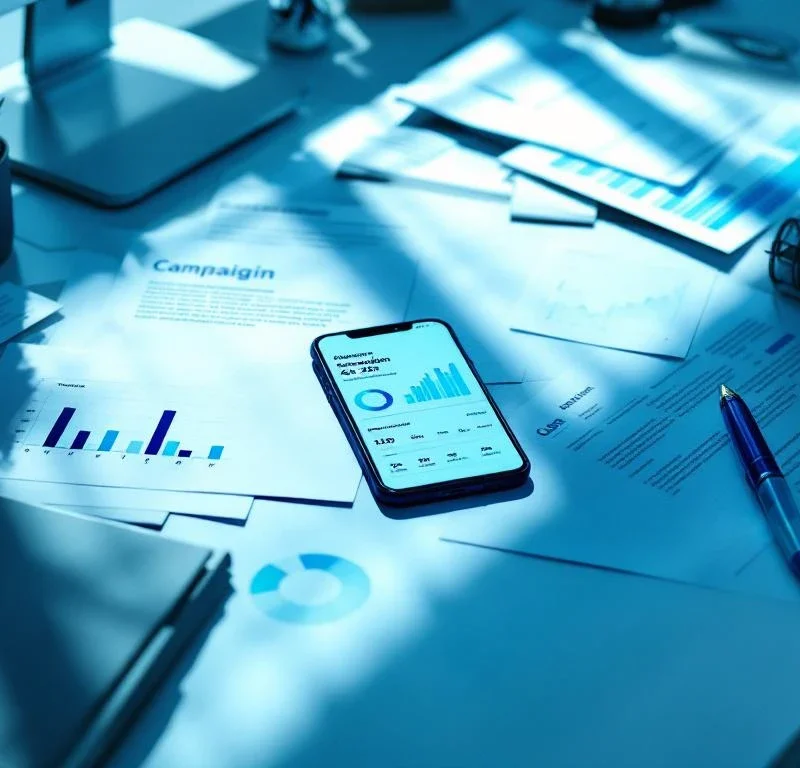 Älypuhelin näyttää kampanja-analytiikkaa modernilla työpöydällä, jossa on hajallaan suoramarkkinointimateriaaleja