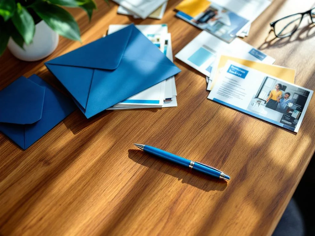 Kiiltävä puinen työpöytä, jolla on järjestettyjä suoramainoksia, esitteitä ja postikorteja sinisen kynän kanssa