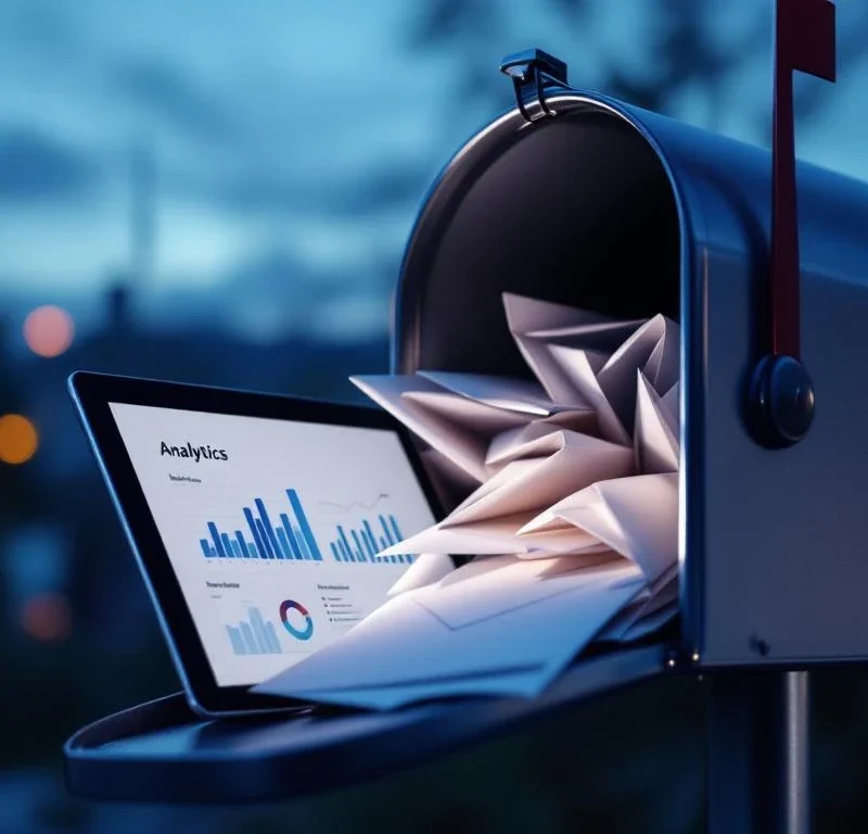 Moderni postilaatikko täynnä valkoisia kirjekuoria ja tabletti analytiikkaa näyttämässä, sininen iltataivas taustalla