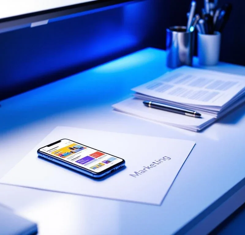Moderni valkoinen työpöytä markkinointimateriaalien kanssa, sininen valaistus, älypuhelin ja toimistovälineet