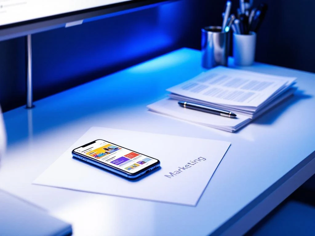 Moderni valkoinen työpöytä markkinointimateriaalien kanssa, sininen valaistus, älypuhelin ja toimistovälineet