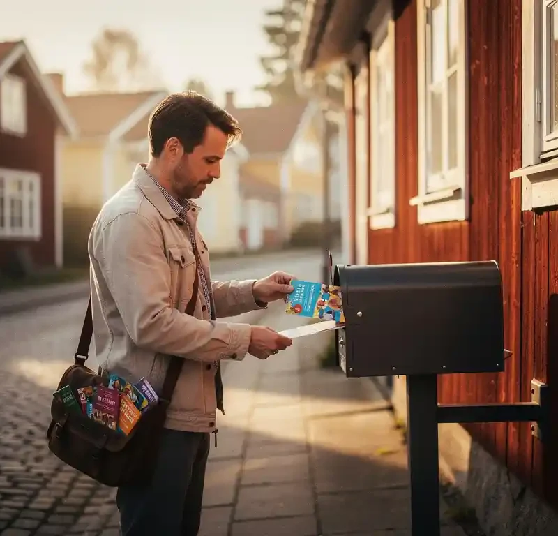 Paikallinen yrittäjä asettaa värikkäitä mainoslehtiä postilaatikoihin perinteisessä suomalaisessa puutalokorttelissa aamuauringossa