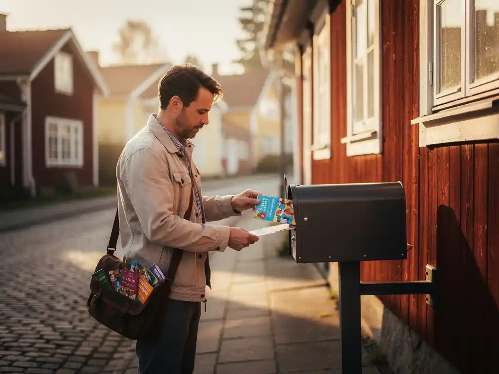 Paikallinen yrittäjä asettaa värikkäitä mainoslehtiä postilaatikoihin perinteisessä suomalaisessa puutalokorttelissa aamuauringossa