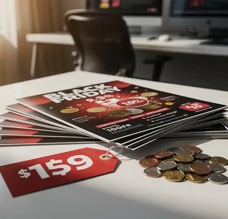 Mustat Black Friday -mainoslehtuset levitettynä valkoiselle pöydälle punaisen hintalapun ja kolikoiden kanssa, lämmin valaistus.