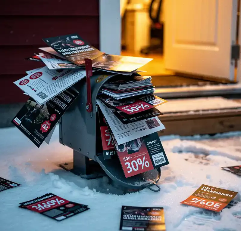 Postilaatikko täynnä mainoslehtisiä ja tarjouslappuja lumisella suomalaisella ovenpielellä, lämmin kultainen valo avoimesta ovesta.