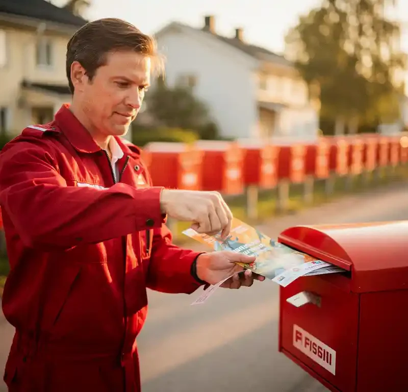 Postilainen työntää mainoslehtistä punaiseen postilaatikkoon asuinalueella kultaisen tunnin valossa.