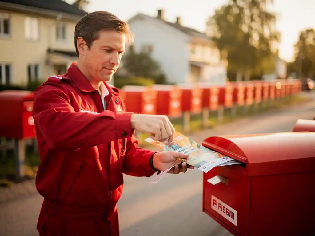 Postilainen työntää mainoslehtistä punaiseen postilaatikkoon asuinalueella kultaisen tunnin valossa.