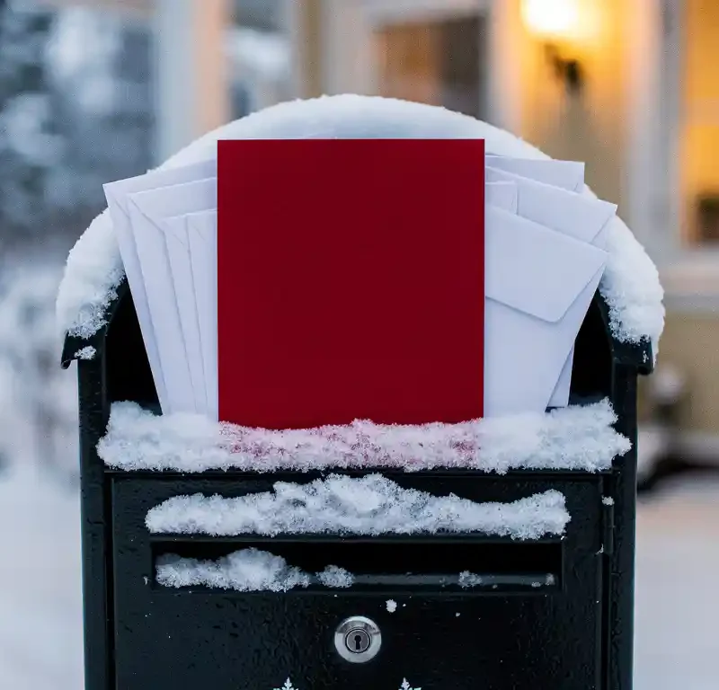 Punainen joulukirje erottuu valkoisista kirjekuorista lumisessa suomalaisessa postilaatikossa talvipäivänvalossa.