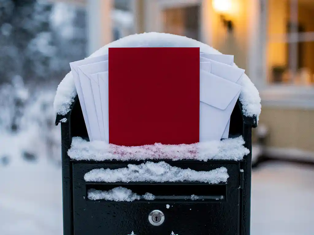 Punainen joulukirje erottuu valkoisista kirjekuorista lumisessa suomalaisessa postilaatikossa talvipäivänvalossa.
