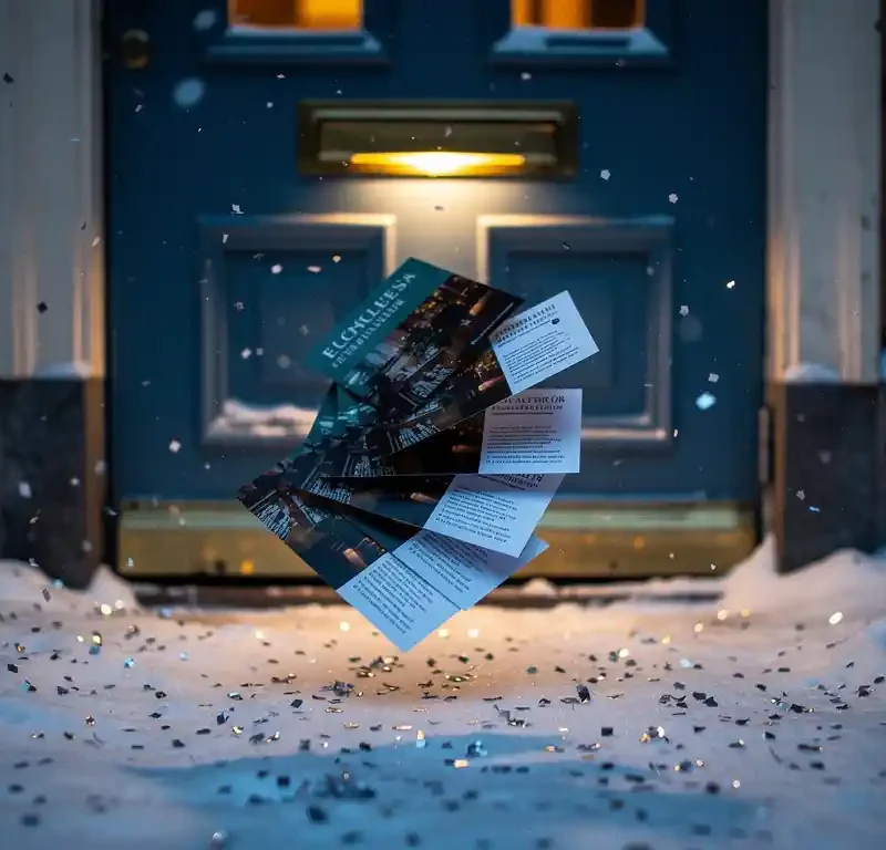 Kiiltäviä mainoslehtisiä lentää ilmassa lumisen helsinkiläisen oven edessä, kultainen postiluukku hehkuu sinisessä hämärässä, konfettia ja hopeasäkeneitä.