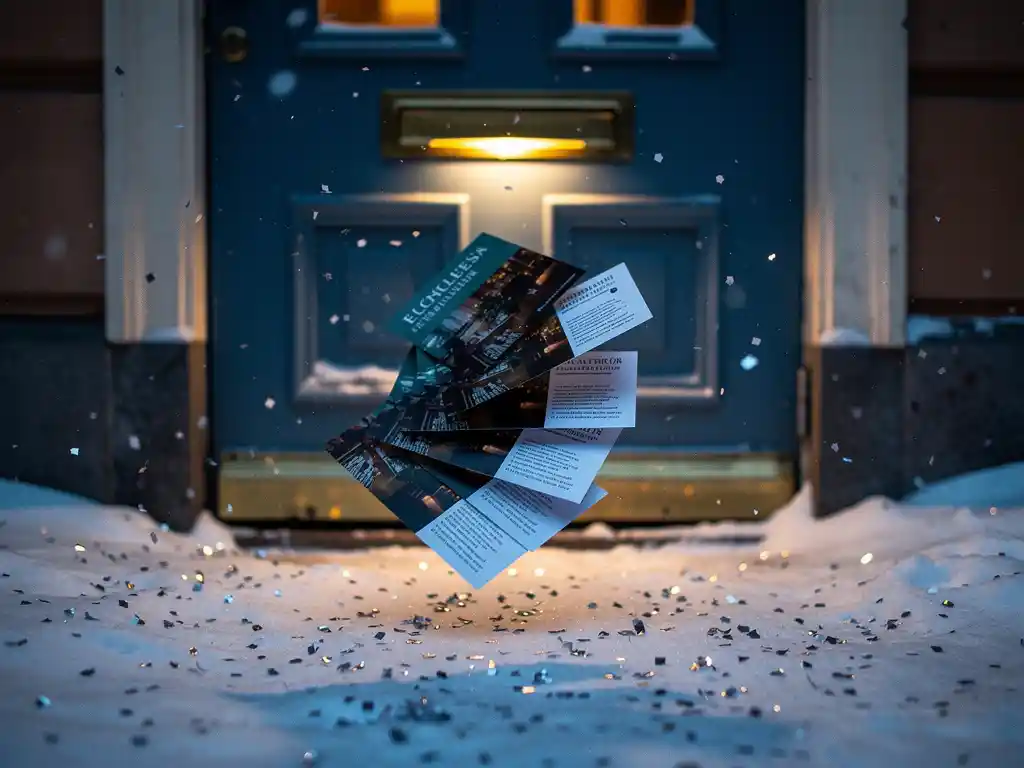 Kiiltäviä mainoslehtisiä lentää ilmassa lumisen helsinkiläisen oven edessä, kultainen postiluukku hehkuu sinisessä hämärässä, konfettia ja hopeasäkeneitä.