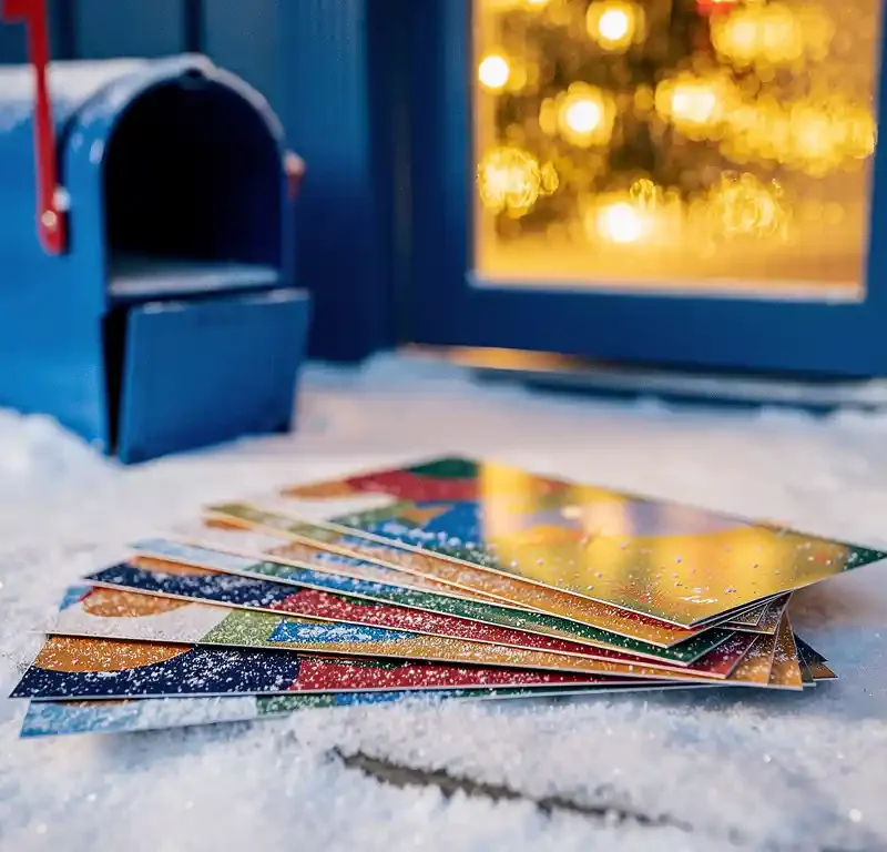 Jouluiset mainoslehtiset levitettynä lumiselle ovenkynnykselle, taustalla auki oleva sininen postilaatikko ja lämpimät jouluvalot.