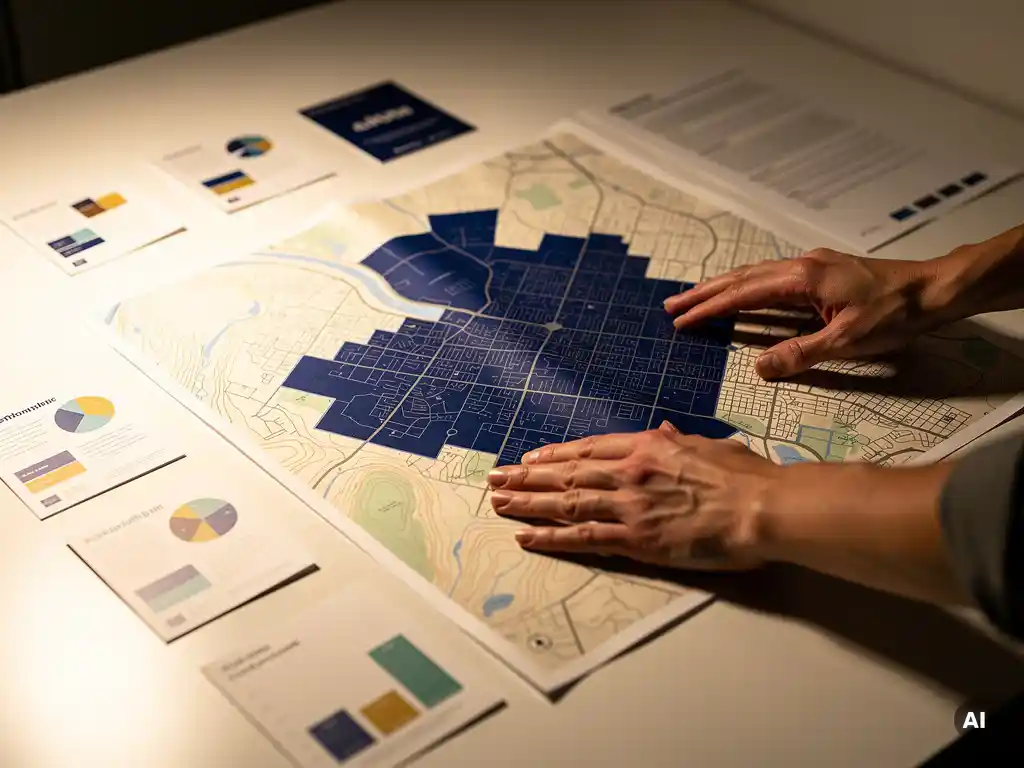 Markkinointiammattilaisen kädet levittävät kaupunkikarttaa pöydälle, kobolttisiniset asuinalueet korostettuna, vieressä esitteitä ja demografisia tietoja.