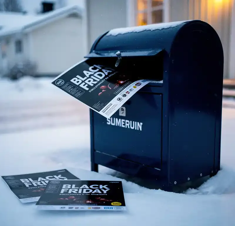 Kiiltävä Black Friday -myyntikirje pursuaa sinisestä postilaatikosta lumisella suomalaisella asuinkadulla, mainoslehtisiä maassa.