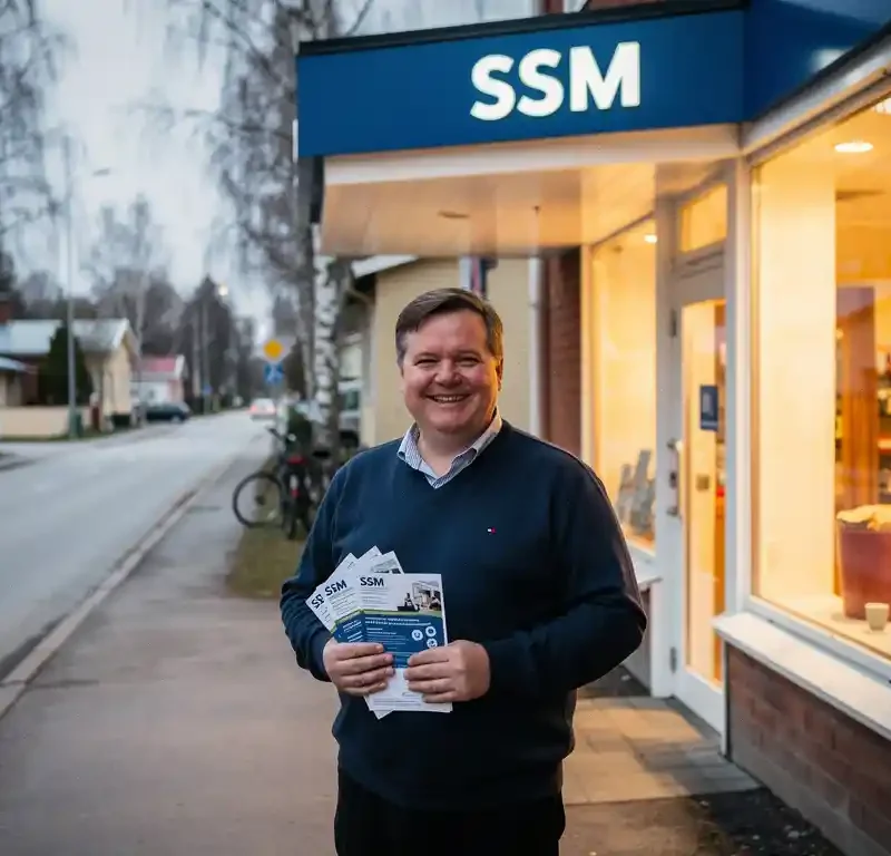 Hymyilevä paikallinen kauppias jakelulehtisten kanssa tiiliseen liikkeen edustalla hiljaisella suomalaisella asuinalueella koivuineen.