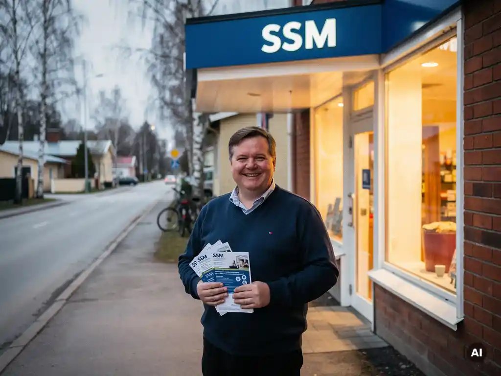 Hymyilevä paikallinen kauppias jakelulehtisten kanssa tiiliseen liikkeen edustalla hiljaisella suomalaisella asuinalueella koivuineen.
