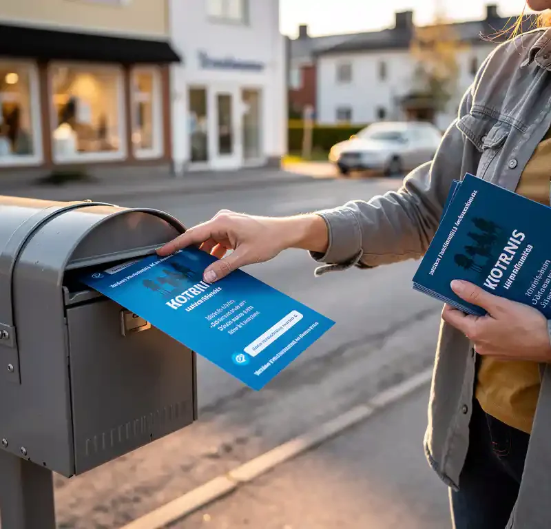 Pienyrittäjä pudottaa sinistä mainoslehtistä asuintalon postilaatikkoon suomalaisella kadulla aamunvalossa.