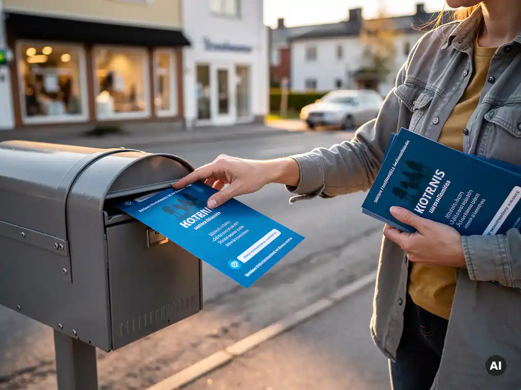 Pienyrittäjä pudottaa sinistä mainoslehtistä asuintalon postilaatikkoon suomalaisella kadulla aamunvalossa.